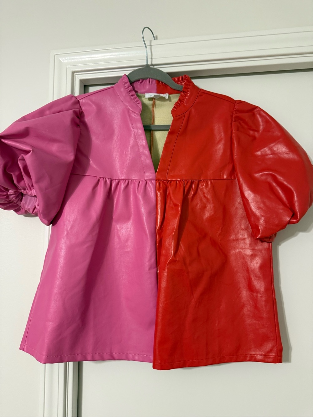 THML Two-Tone Faux-Leather Puff Sleeve Tunic in Pink & Red